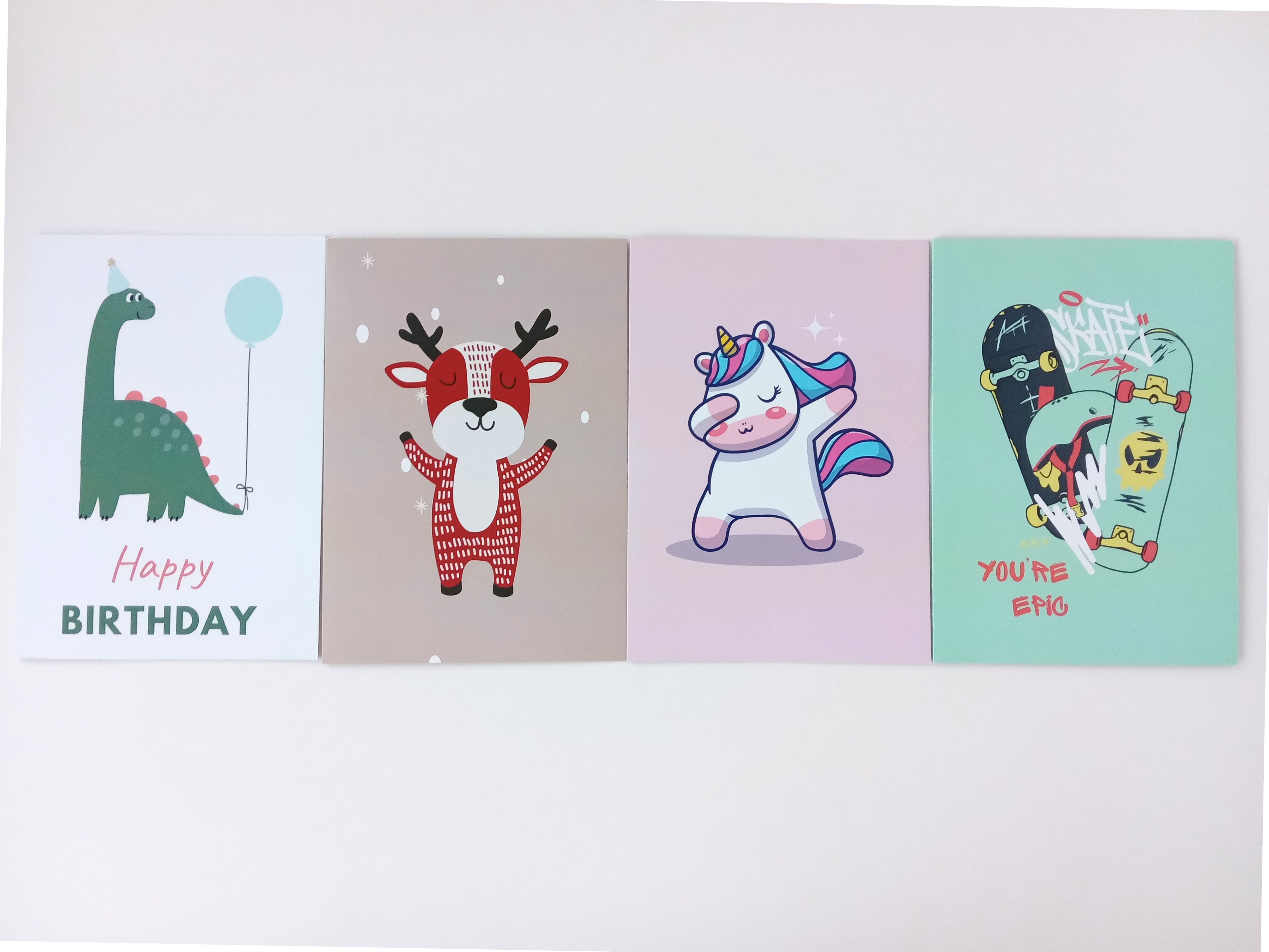 Cards for kids, unicorn, dinosaur happy birthday card, cute red reindeer and you're epic skater card with two skateboards linked by a skater helmet